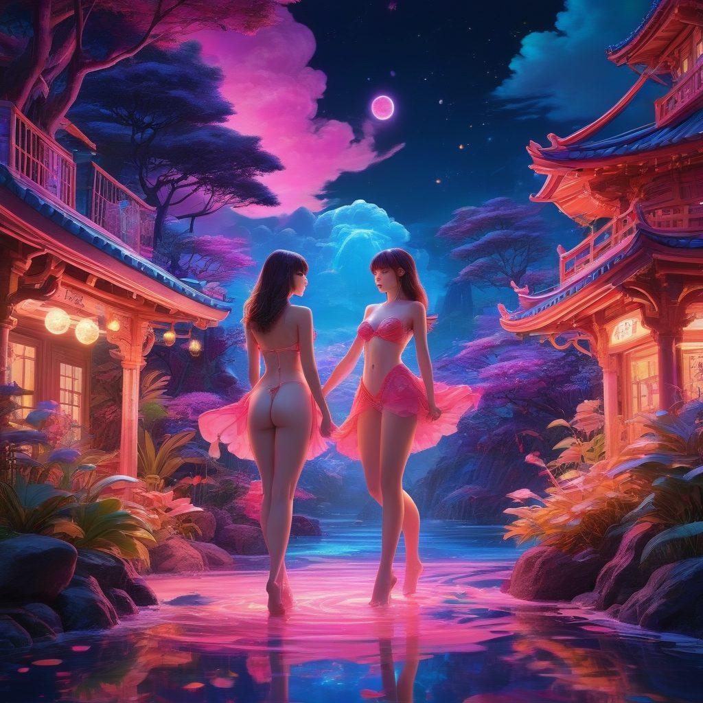 A vivid and sensual depiction of an imaginative fantasy landscape inspired by Hentai art, featuring vibrant characters with playful expressions, intertwined amidst colorful, surreal environments. Include elements of elegance and flirtation, balancing artful nudity with thematic delicacy. The background should evoke a dreamlike atmosphere with neon hues and whimsical patterns. super-realistic. vibrant colors. fantasy art.