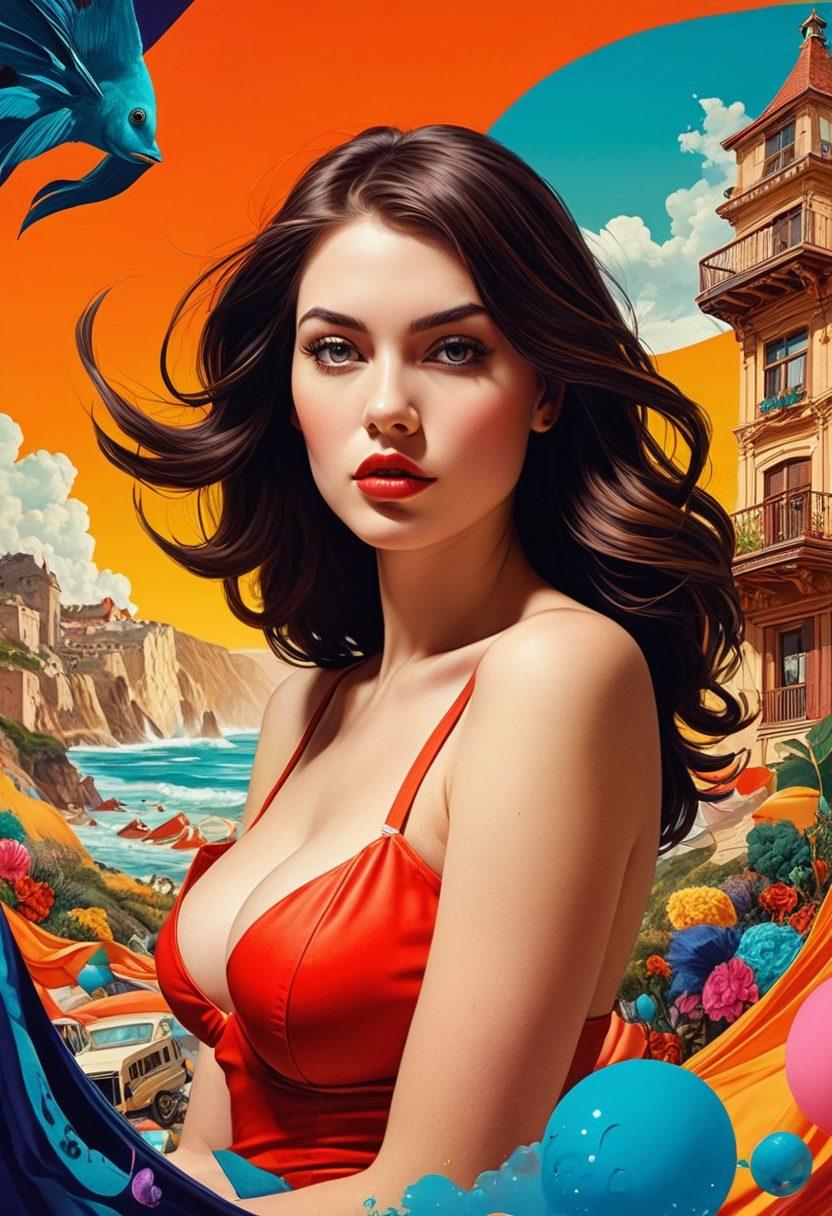 A bold and evocative collage that merges elements of Fleischauer's surreal art style with the playful and provocative aesthetics of adult comics. Include vibrant, intertwined characters exploring their fantasies in an abstract setting filled with vivid colors and dream-like shapes. The background should softly blend elements of fantasy and reality, inviting the viewer to engage. Captivate the audience with a sense of intrigue and whimsy. super-realistic. vibrant colors. surrealistic elements.